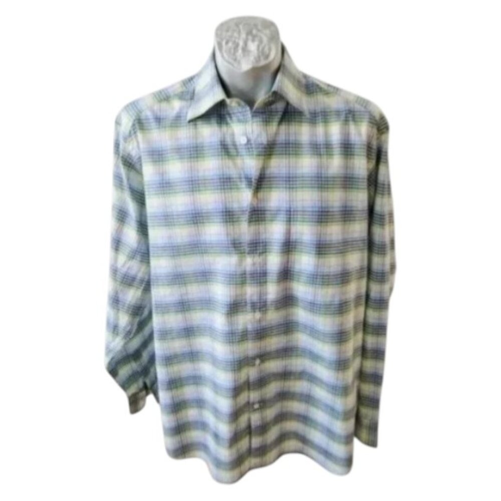 Zegna Sport‎ Green Plaid Mens Shirt Size L  Sport Green Plaid